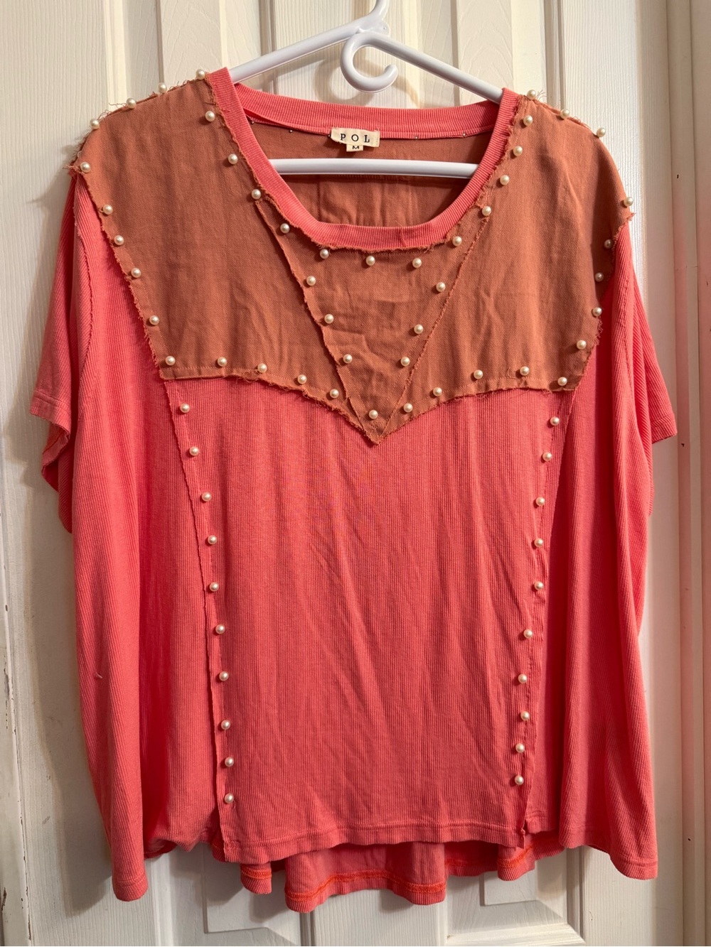 POL Coral Pink Long-Sleeve Top with Tan Yoke and Pearl Trim